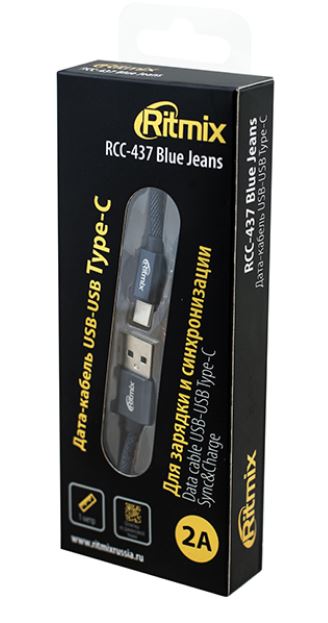 Кабель RITMIX RCC-437 USB – Type-C 1м Jeans, Синий
Кабель RITMIX RCC-437 USB – Type-C 1м Jeans, Синий
