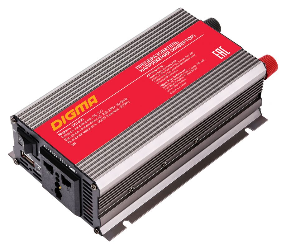 Инвертор Digma DCI-600 600Вт с 12В на 220В
Инвертор Digma DCI-600 600Вт с 12В на 220В