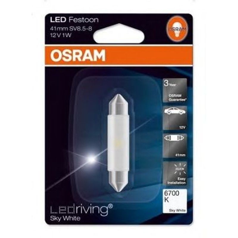 Лампа автомобильная OSRAM C5W (SV8.5-8) 41мм LED Standart Sky White 6700K 12V, 6441SWбл
Лампа автомобильная OSRAM C5W (SV8.5-8) 41мм LED Standart Sky White 6700K 12V, 6441SWбл