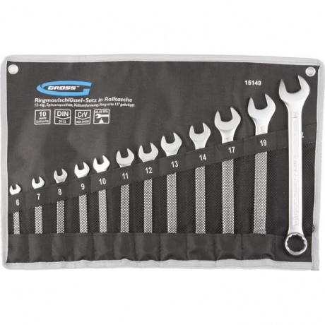 Набор ключей комбинированных 6-22 мм, 12 шт., CrV, холодный штамп Gross
Набор ключей комбинированных 6-22 мм, 12 шт., CrV, холодный штамп Gross