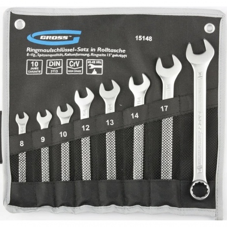 Набор ключей комбинированных 8-19 мм, 8 шт., CrV, холодный штамп Gross
Набор ключей комбинированных 8-19 мм, 8 шт., CrV, холодный штамп Gross