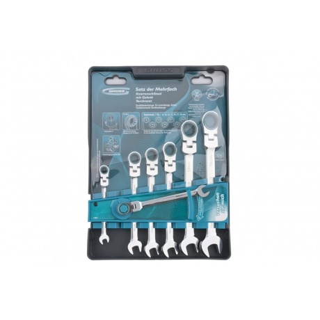 Набор ключей комбинированных с трещоткой, 8 - 19 мм, 7шт., шарнирные, CrV Gross
Набор ключей комбинированных с трещоткой, 8 - 19 мм, 7шт., шарнирные, CrV Gross