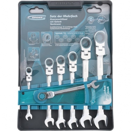 Набор ключей комбинированных с трещоткой, 8 - 19 мм, 7шт., шарнирные, CrV Gross
Набор ключей комбинированных с трещоткой, 8 - 19 мм, 7шт., шарнирные, CrV Gross