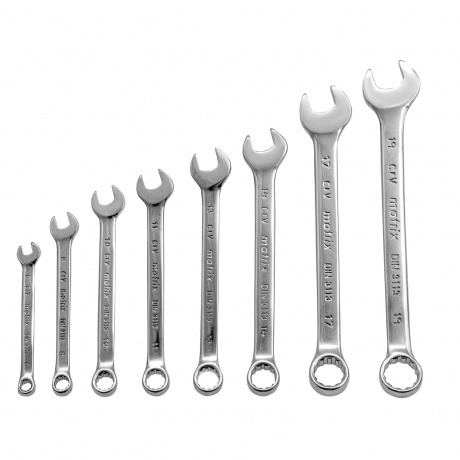 Набор ключей комбинированных, 6 - 19 мм, 8 шт., CrV, полированный хром Matrix
Набор ключей комбинированных, 6 - 19 мм, 8 шт., CrV, полированный хром Matrix