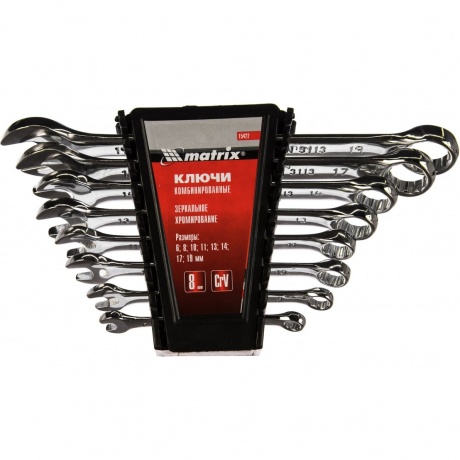 Набор ключей комбинированных, 6 - 19 мм, 8 шт., CrV, полированный хром Matrix
Набор ключей комбинированных, 6 - 19 мм, 8 шт., CrV, полированный хром Matrix