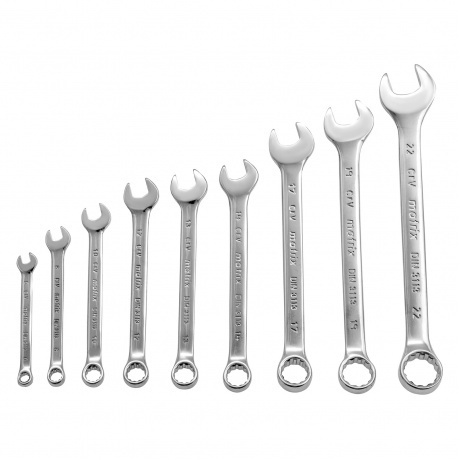 Набор ключей комбинированных, 6 - 22 мм, 9 шт., CrV, полированный хром Matrix
Набор ключей комбинированных, 6 - 22 мм, 9 шт., CrV, полированный хром Matrix