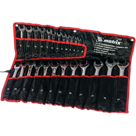 Набор ключей комбинированных, 6 - 32 мм, 25шт., CrV, полированный хром Matrix
Набор ключей комбинированных, 6 - 32 мм, 25шт., CrV, полированный хром Matrix