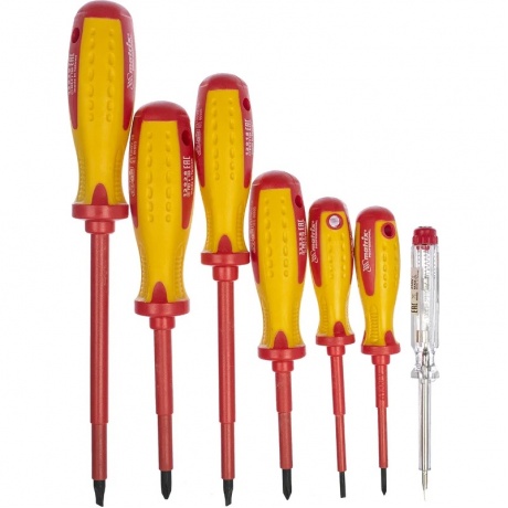 Набор отверток диэлектр. до 1000 В + тестер, 7 пред., PH + SL, CrMo, 2к рукоятка Matrix
Набор отверток диэлектр. до 1000 В + тестер, 7 пред., PH + SL, CrMo, 2к рукоятка Matrix