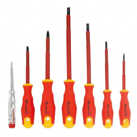 Набор отверток диэлектрических до 1000 В + тестер, 7 шт., PH + SL, CrV, 2к рукоятка Сибртех
Набор отверток диэлектрических до 1000 В + тестер, 7 шт., PH + SL, CrV, 2к рукоятка Сибртех