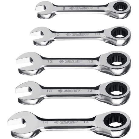 Набор укороченных трещоточных гаечных ключей ЗУБР 5 шт, 8 - 14 мм, Профессионал (27103-H5)
Набор укороченных трещоточных гаечных ключей ЗУБР 5 шт, 8 - 14 мм, Профессионал (27103-H5)