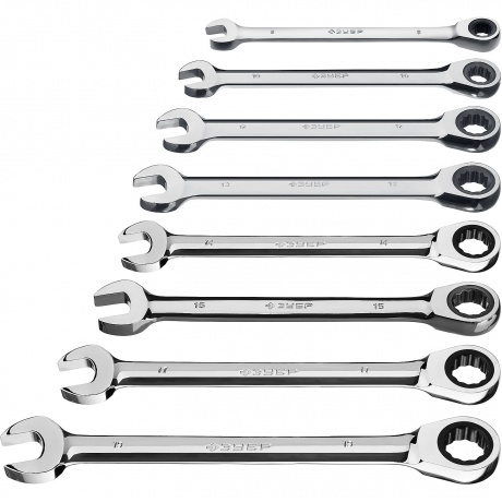 Набор комбинированных трещоточных гаечных ключей ЗУБР 8 шт, 8 - 19 мм, Профессионал (27074-H8)
Набор комбинированных трещоточных гаечных ключей ЗУБР 8 шт, 8 - 19 мм, Профессионал (27074-H8)