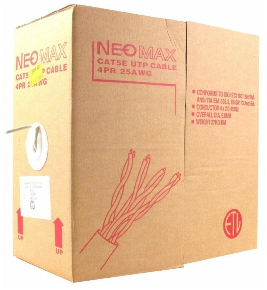 Кабель NEOMAX U/UTP cat.5е 4 пары (305 м) 0.45 мм (25 AWG) Медь PVC jacket (NM11001)
Кабель NEOMAX U/UTP cat.5е 4 пары (305 м) 0.45 мм (25 AWG) Медь PVC jacket (NM11001)