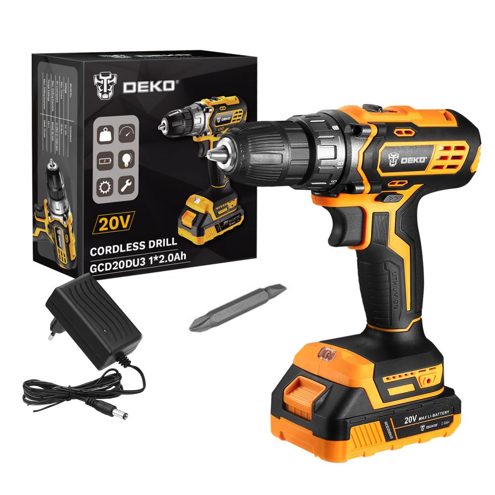 Дрель-шуруповерт аккумуляторная DEKO GCD20DU3, 20В, 1*2.0Ач
Дрель-шуруповерт аккумуляторная DEKO GCD20DU3, 20В, 1*2.0Ач