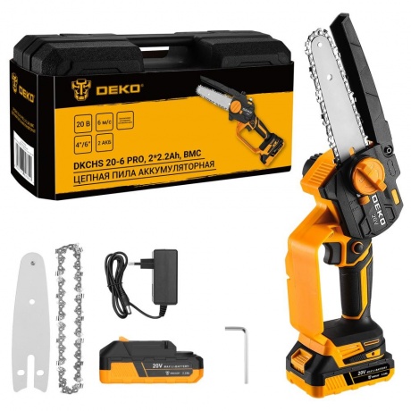 Пила цепная аккумуляторная DEKO DKCHS 20-6 PRO, 4" и 6", 20В, 2x2.2Ач, 2 шины и 2 цепи в кейсе
Пила цепная аккумуляторная DEKO DKCHS 20-6 PRO, 4" и 6", 20В, 2x2.2Ач, 2 шины и 2 цепи в кейсе