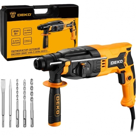 Перфоратор сетевой Deko DKH900 в кейсе с набором из 5 буров SDS+, 850Вт
Перфоратор сетевой Deko DKH900 в кейсе с набором из 5 буров SDS+, 850Вт