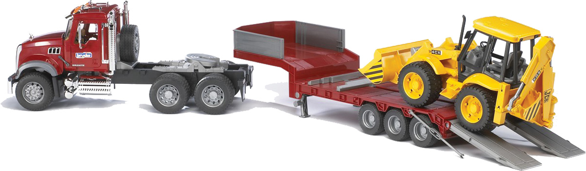 Машинка Bruder Тягач с прицепом–платформой MACK с колёсным экскаватором–погрузчиком JCB 4CX
Машинка Bruder Тягач с прицепом–платформой MACK с колёсным экскаватором–погрузчиком JCB 4CX