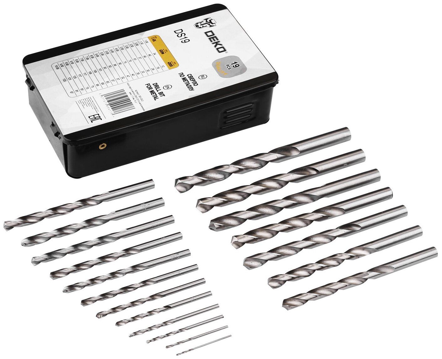Набор сверл по металлу DEKO DS19 в металлическом кейсе, 1-10 мм, 19 шт
Набор сверл по металлу DEKO DS19 в металлическом кейсе, 1-10 мм, 19 шт