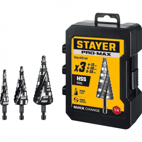 Набор ступенчатых сверл STAYER Pro-Max 3 шт, 4-30мм, винтовая спираль, (29661-4-30-H3)
Набор ступенчатых сверл STAYER Pro-Max 3 шт, 4-30мм, винтовая спираль, (29661-4-30-H3)