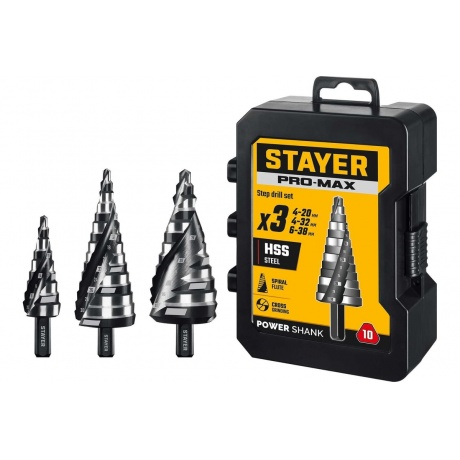 Набор ступенчатых сверл STAYER Pro-Max 3 шт, 4-38мм, винтовая спираль, (29661-4-38-H3)
Набор ступенчатых сверл STAYER Pro-Max 3 шт, 4-38мм, винтовая спираль, (29661-4-38-H3)