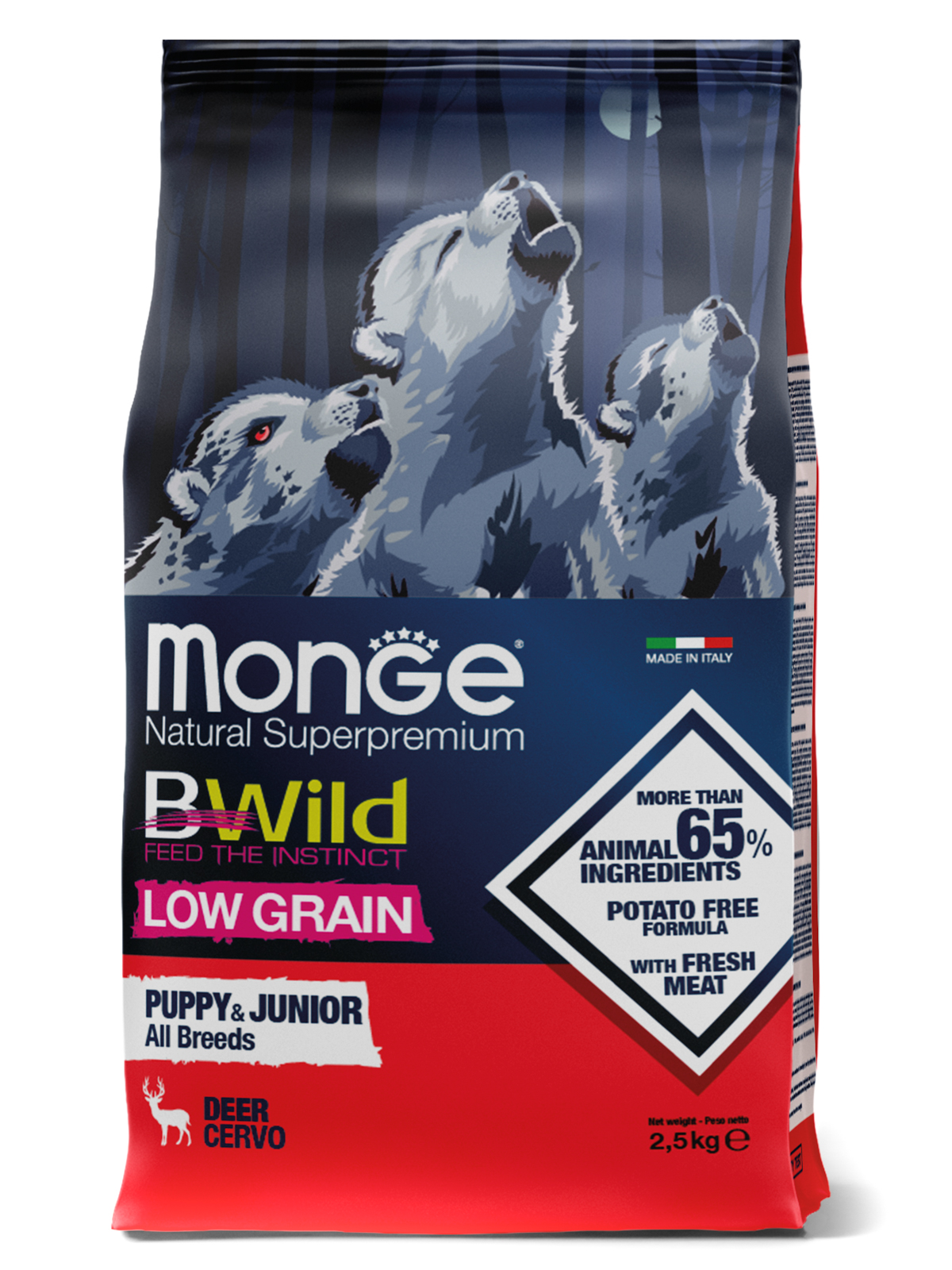 Корм сухой Monge Dog BWild LOW GRAIN Puppy & junior низкозерновой из мяса оленя для щенков всех пород 2,5 кг
Корм сухой Monge Dog BWild LOW GRAIN Puppy & junior низкозерновой из мяса оленя для щенков всех пород 2,5 кг