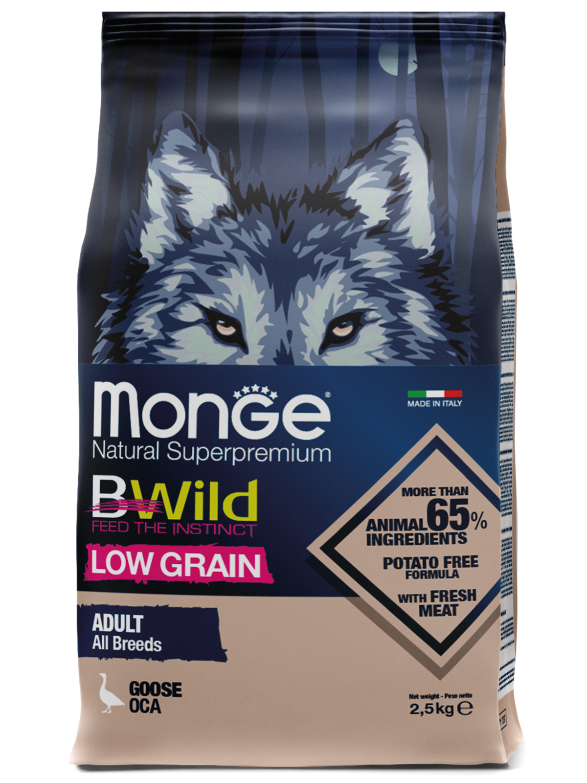 Корм сухой Monge Dog BWild LOW GRAIN низкозерновой из мяса гуся для взрослых собак всех пород 2,5 кг
Корм сухой Monge Dog BWild LOW GRAIN низкозерновой из мяса гуся для взрослых собак всех пород 2,5 кг