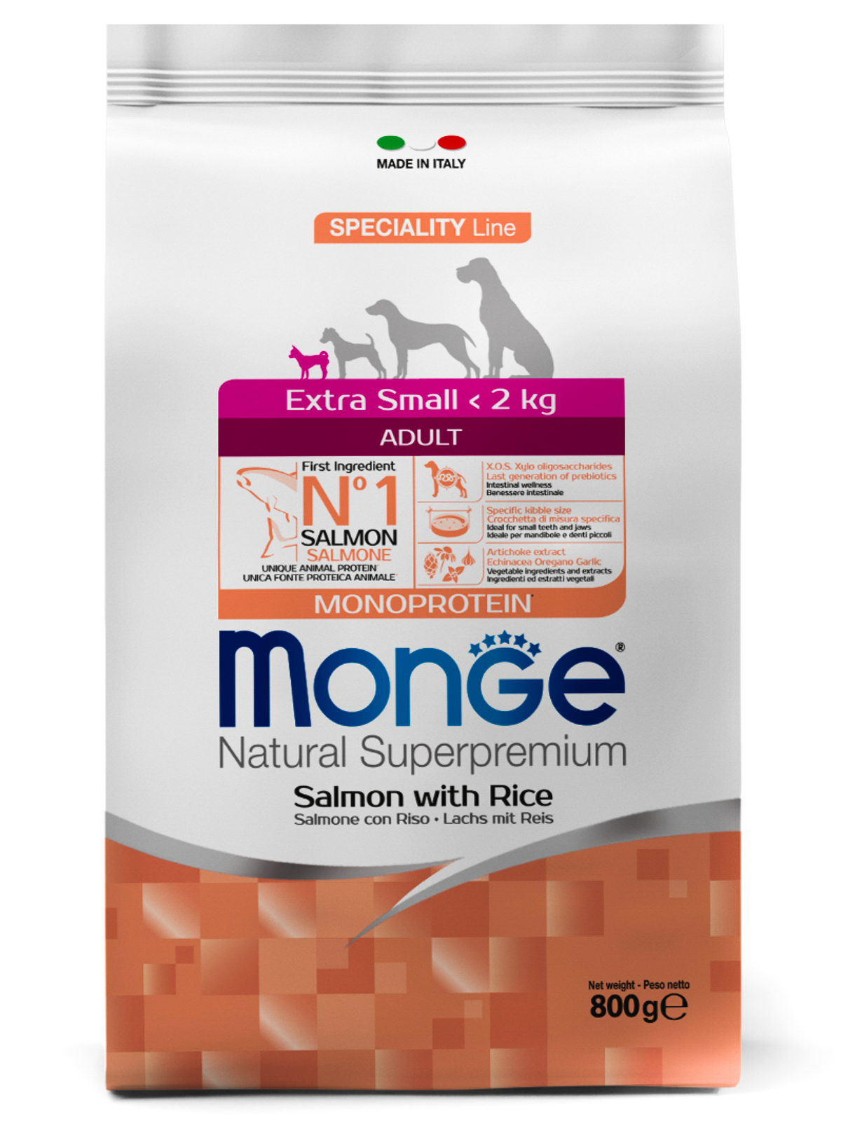 Корм сухой Monge Dog Monoprotein Extra Small для взрослых собак миниатюрных пород лосось с рисом 800г
Корм сухой Monge Dog Monoprotein Extra Small для взрослых собак миниатюрных пород лосось с рисом 800г