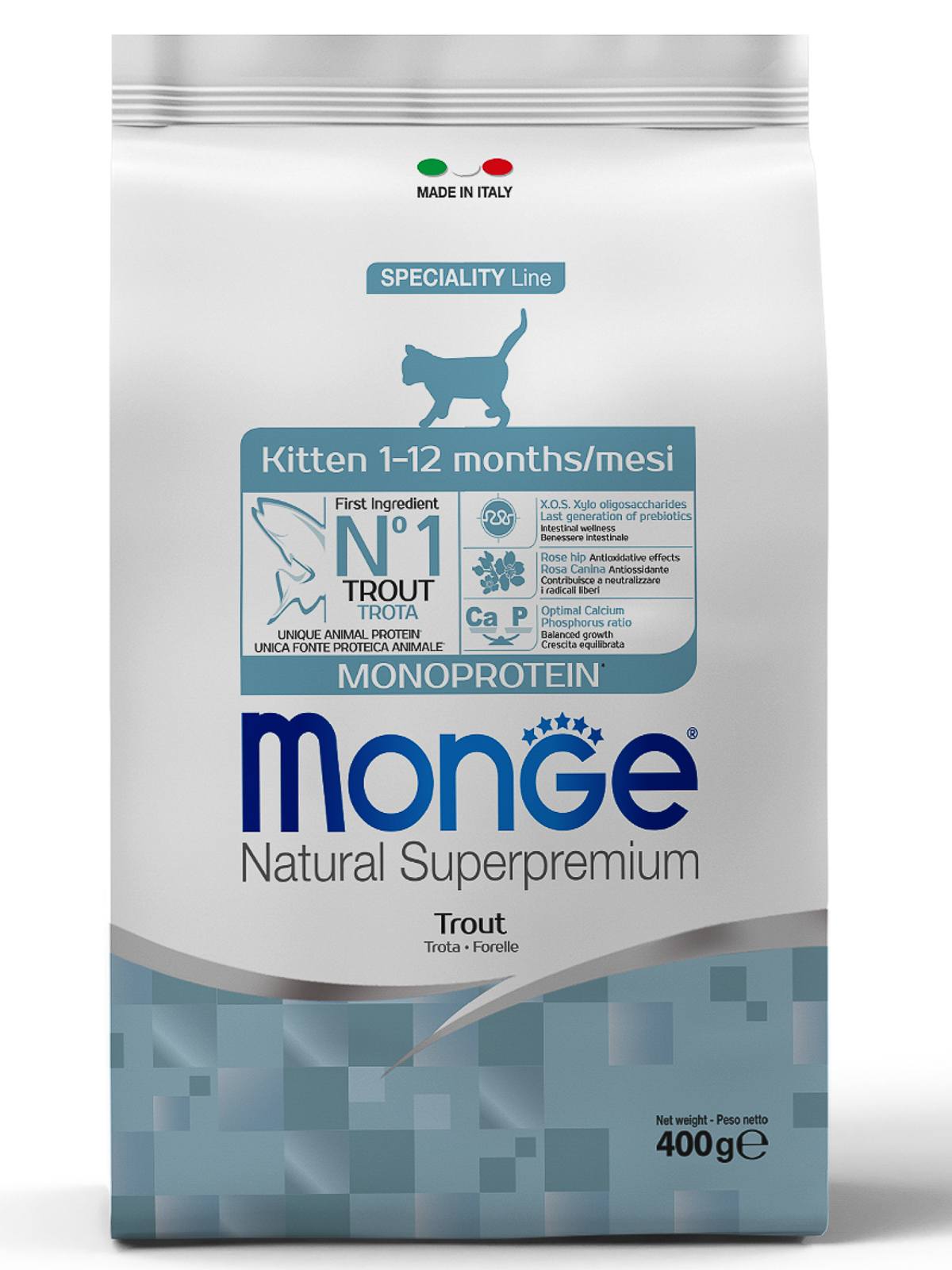 Корм сухой Monge Cat Monoprotein для котят с форелью 400г
Корм сухой Monge Cat Monoprotein для котят с форелью 400г