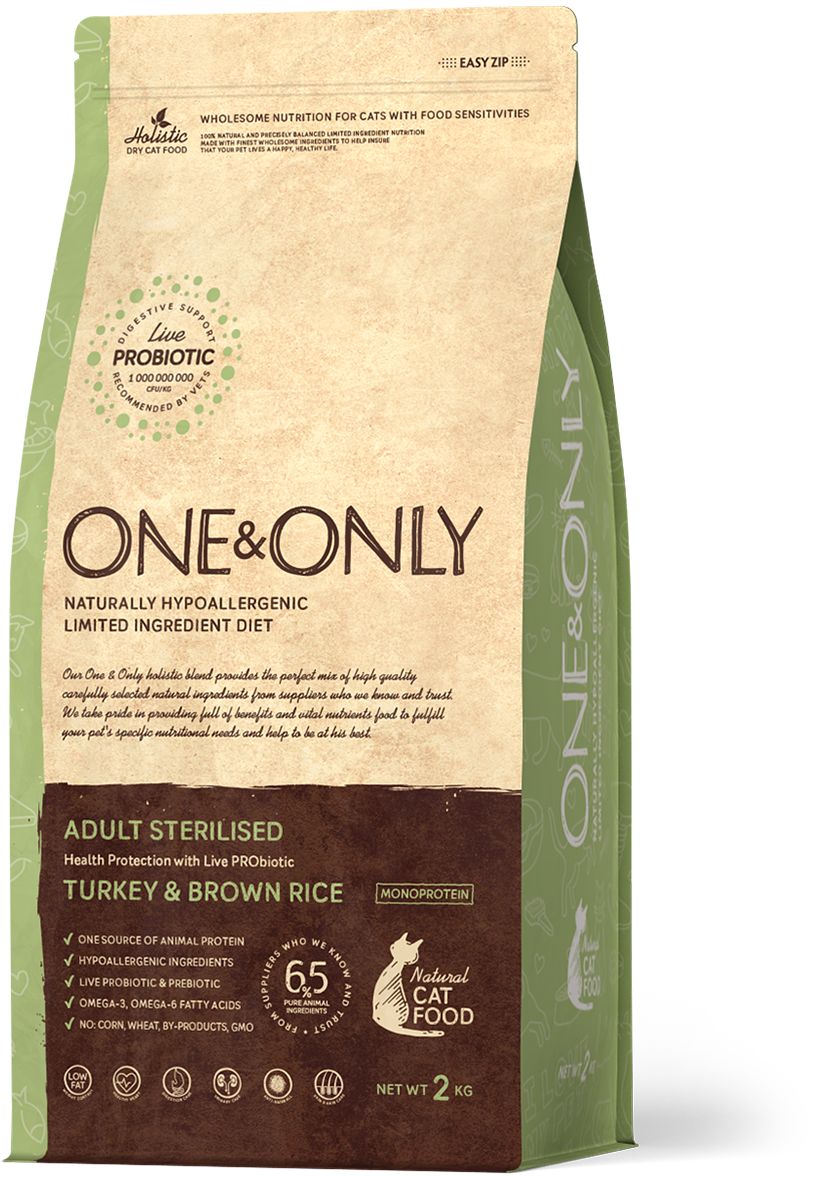 Корм сухой ONE&ONLY Turkey & Brown Rice Adult Sterilised индейка с бурым рисом для стерилизованных кошек 2 кг
Корм сухой ONE&ONLY Turkey & Brown Rice Adult Sterilised индейка с бурым рисом для стерилизованных кошек 2 кг