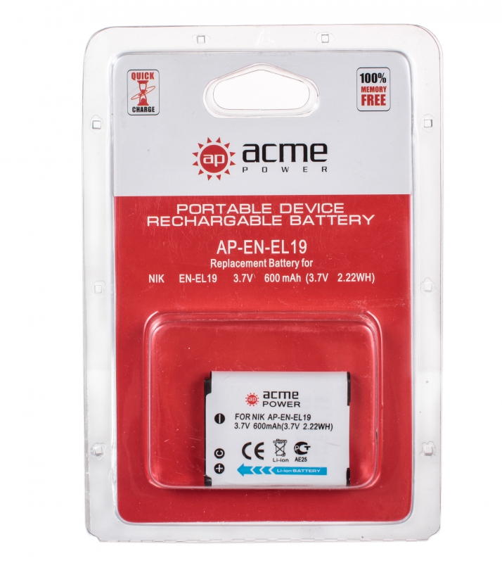 Аккумулятор AcmePower EN-EL19 для Nikon S2500/ S3100/ S4100
Аккумулятор AcmePower EN-EL19 для Nikon S2500/ S3100/ S4100