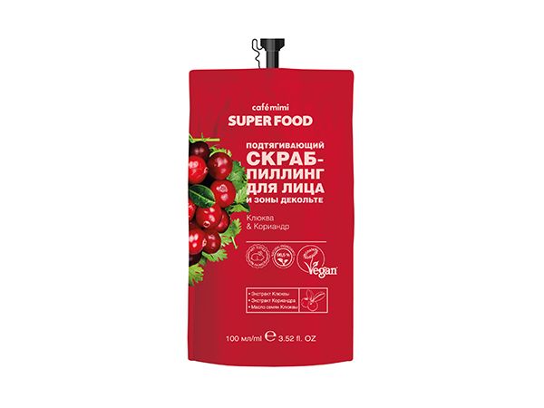 Подтягивающий скраб-пиллинг Cafemimi SUPER FOOD для лица и декольте Клюква & Кориандр 100мл(дой-пак)
Подтягивающий скраб-пиллинг Cafemimi SUPER FOOD для лица и декольте Клюква & Кориандр 100мл(дой-пак)