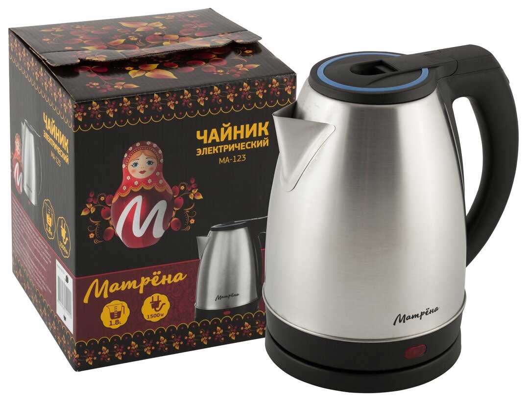 Чайник МАТРЁНА MA-123 электрический (1,8 л) стальной с голубой ручкой
Чайник МАТРЁНА MA-123 электрический (1,8 л) стальной с голубой ручкой