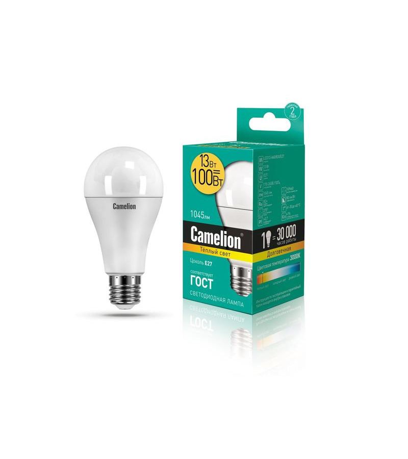 Лампа светодиодная LED13-A60/830/E27 13Вт грушевидная 3000К тепл. бел. E27 1045лм 220-240В Camelion 12045, Белый
Лампа светодиодная LED13-A60/830/E27 13Вт грушевидная 3000К тепл. бел. E27 1045лм 220-240В Camelion 12045, Белый