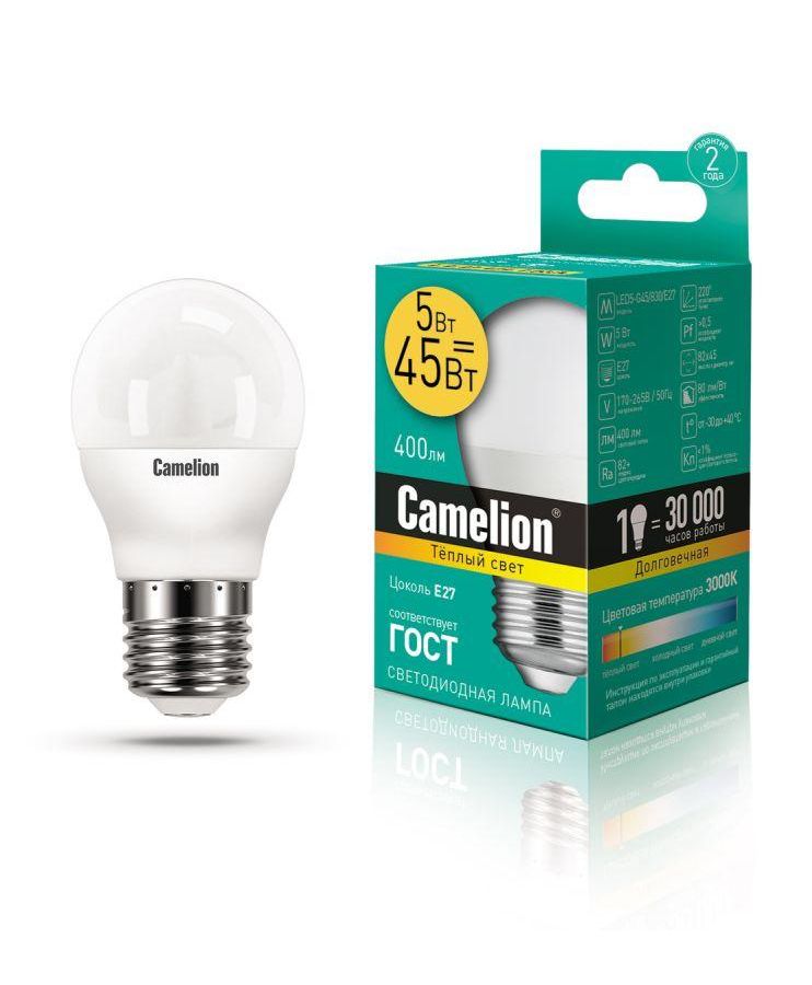 Лампа светодиодная LED5-G45/830/E27 5Вт шар 3000К тепл. бел. E27 390лм 220-240В Camelion 12028, Белый
Лампа светодиодная LED5-G45/830/E27 5Вт шар 3000К тепл. бел. E27 390лм 220-240В Camelion 12028, Белый