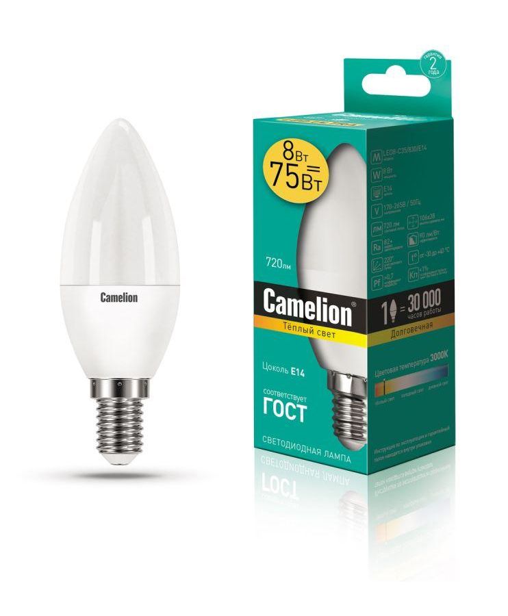 Лампа светодиодная LED8-C35/830/E14 8Вт свеча 3000К тепл. бел. E14 720лм 170-265В Camelion 12385, Белый
Лампа светодиодная LED8-C35/830/E14 8Вт свеча 3000К тепл. бел. E14 720лм 170-265В Camelion 12385, Белый