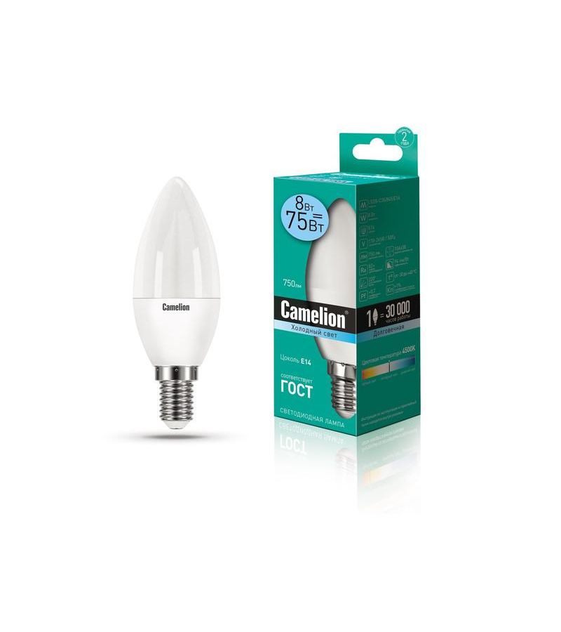 Лампа светодиодная LED8-C35/845/E14 8Вт свеча 4500К бел. E14 750лм 170-265В Camelion 12386, Белый
Лампа светодиодная LED8-C35/845/E14 8Вт свеча 4500К бел. E14 750лм 170-265В Camelion 12386, Белый