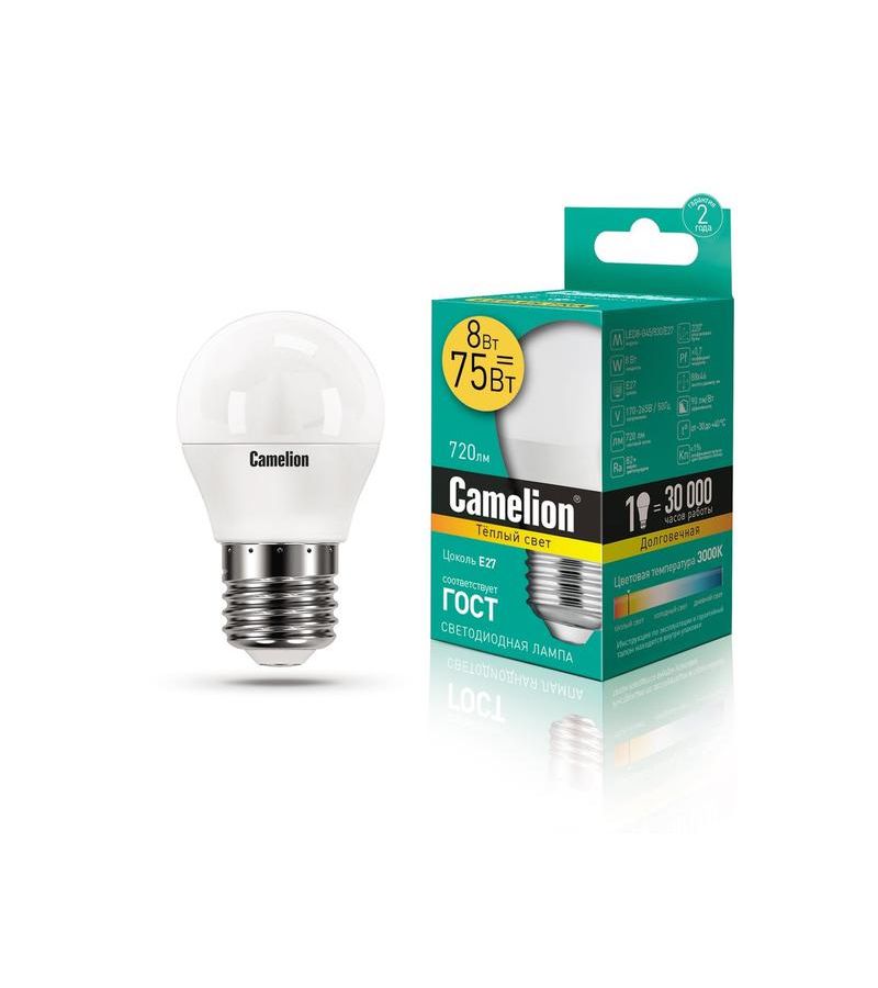 Лампа светодиодная LED8-G45/830/E27 8Вт шар 3000К тепл. бел. E27 720лм 170-265В Camelion 12392, Белый
Лампа светодиодная LED8-G45/830/E27 8Вт шар 3000К тепл. бел. E27 720лм 170-265В Camelion 12392, Белый