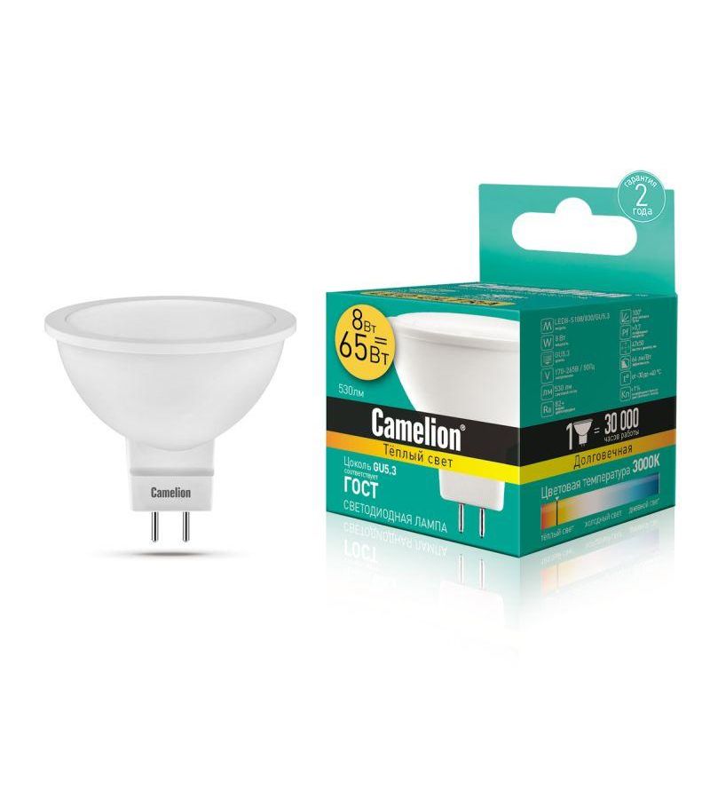 Лампа светодиодная LED8-S108/830/GU5.3 8Вт 220В Camelion 12871, Белый
Лампа светодиодная LED8-S108/830/GU5.3 8Вт 220В Camelion 12871, Белый
