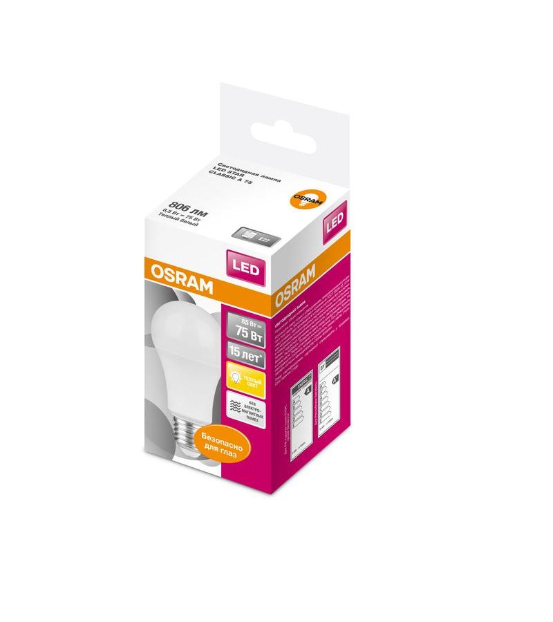 Лампа светодиодная LED STAR CLASSIC A 75 8.5W/827 8.5Вт грушевидная 2700К тепл. бел. E27 806лм 220-240В матов. пласт. OSRAM 4052899971554, Теплый белый
Лампа светодиодная LED STAR CLASSIC A 75 8.5W/827 8.5Вт грушевидная 2700К тепл. бел. E27 806лм 220-240В матов. пласт. OSRAM 4052899971554, Теплый белый