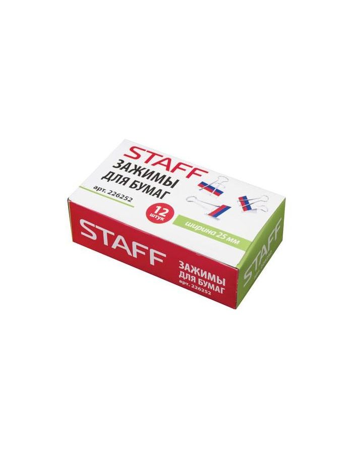 Зажимы для бумаг STAFF, КОМПЛЕКТ 12 шт., 25 мм, на 100 листов, Триколор, картонная коробка, 226252