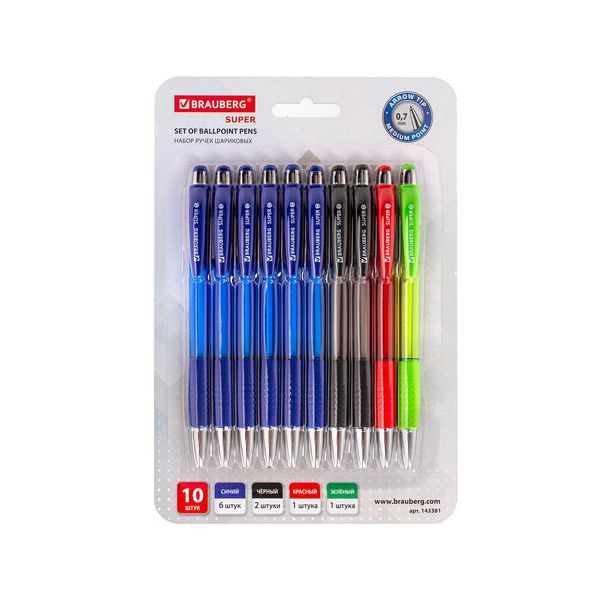 Ручки шариковые автоматические с грипом "НАБОР MULTICOLOR" BRAUBERG "SUPER", 10 шт. (6 синих, 2 черных, 1 красная, 1 зеленая), 143381
Ручки шариковые автоматические с грипом "НАБОР MULTICOLOR" BRAUBERG "SUPER", 10 шт. (6 синих, 2 черных, 1 красная, 1 зеленая), 143381