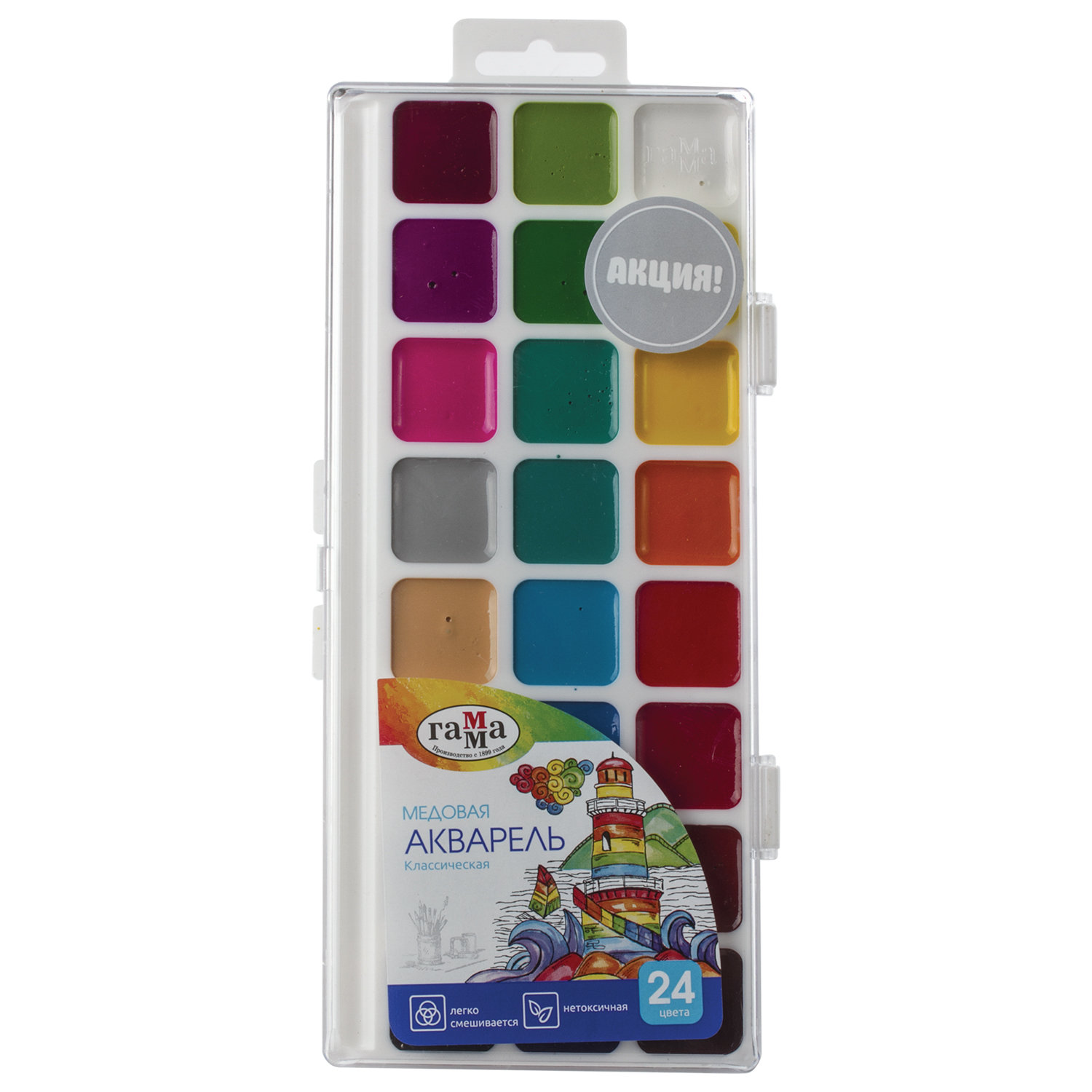 Краски акварельные ГАММА Классическая, 24 цв., медовая, без кисти, пластиковый корпус, европодвес, 216021
Краски акварельные ГАММА Классическая, 24 цв., медовая, без кисти, пластиковый корпус, европодвес, 216021