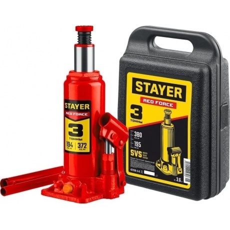 Домкрат бутылочный гидравлический STAYER RED FORCE, 3т, 194-375 мм в кейсе (43160-3-K)
Домкрат бутылочный гидравлический STAYER RED FORCE, 3т, 194-375 мм в кейсе (43160-3-K)
