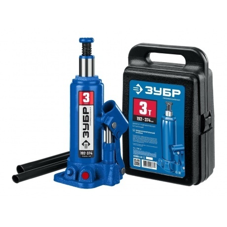 Домкрат бутылочный гидравлический ЗУБР 3т, 192-374 мм в кейсе, Профессионал (43060-3-K)