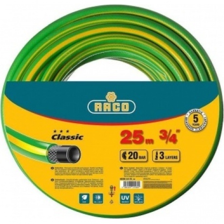 Шланг поливочный RACO CLASSIC, 3/4, 25 м, 20 атм, трёхслойный, армированный (40306-3/4-25)
Шланг поливочный RACO CLASSIC, 3/4, 25 м, 20 атм, трёхслойный, армированный (40306-3/4-25)