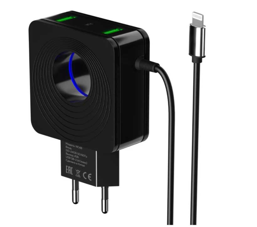 Сетевое зарядное устройство More choice 2USB 2.4A для Lightning 8-pin со встроенным кабелем и LED подсветкой NC48i (Black)
Сетевое зарядное устройство More choice 2USB 2.4A для Lightning 8-pin со встроенным кабелем и LED подсветкой NC48i (Black)