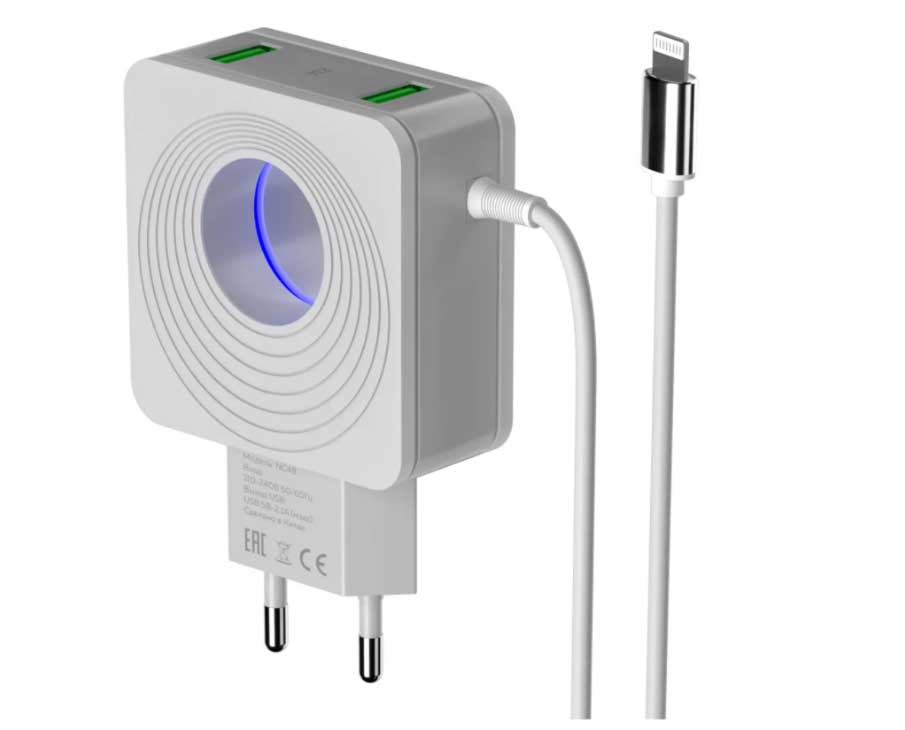 Сетевое зарядное устройство More choice 2USB 2.4A для Lightning 8-pin со встроенным кабелем и LED подсветкой NC48i (White)
Сетевое зарядное устройство More choice 2USB 2.4A для Lightning 8-pin со встроенным кабелем и LED подсветкой NC48i (White)