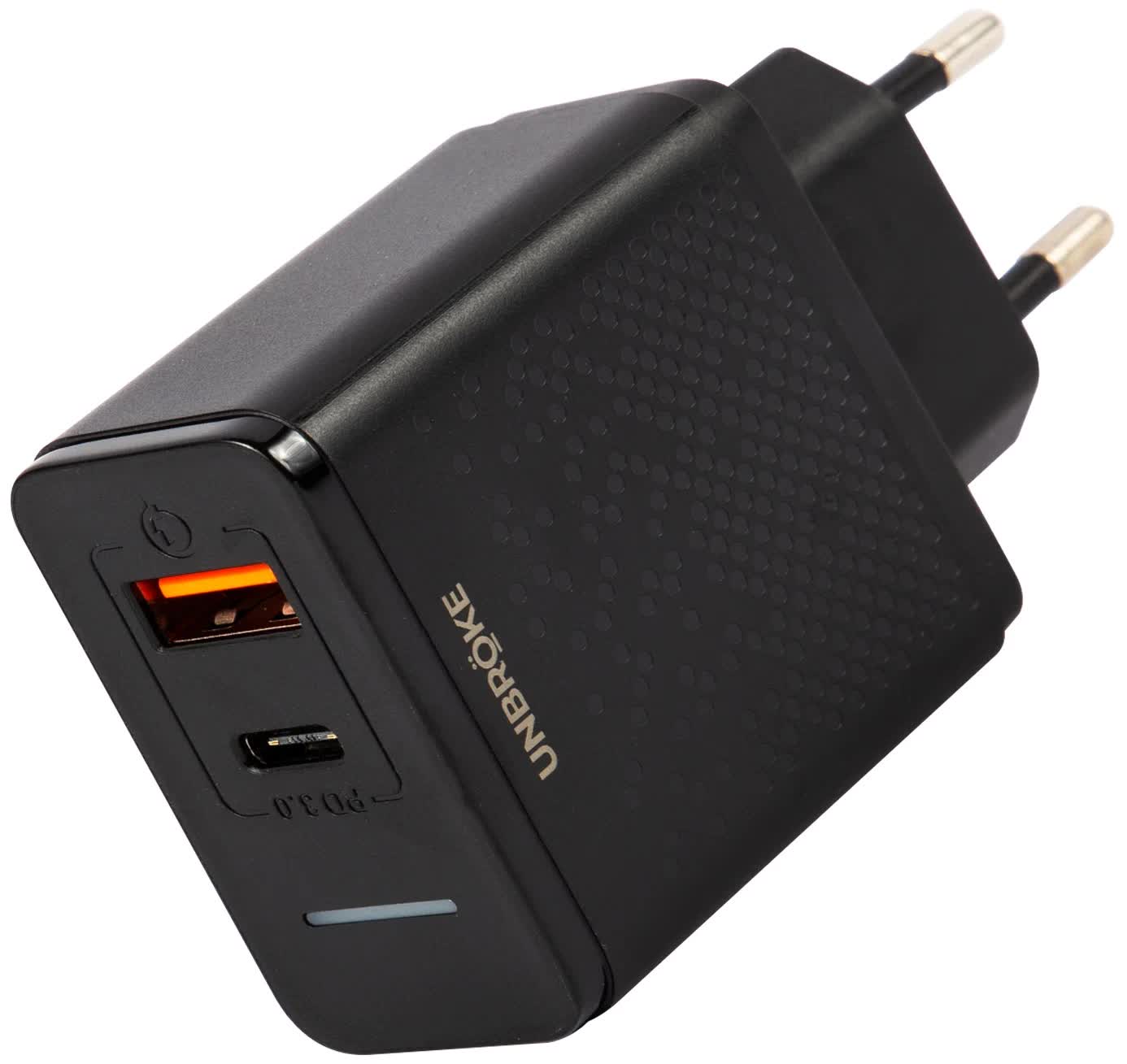 Сетевое зарядное устройство UNBROKE USB + Type-C (модель UN-1), QC3.0(18) + PD18, Led индикатор зарядки, черный
Сетевое зарядное устройство UNBROKE USB + Type-C (модель UN-1), QC3.0(18) + PD18, Led индикатор зарядки, черный