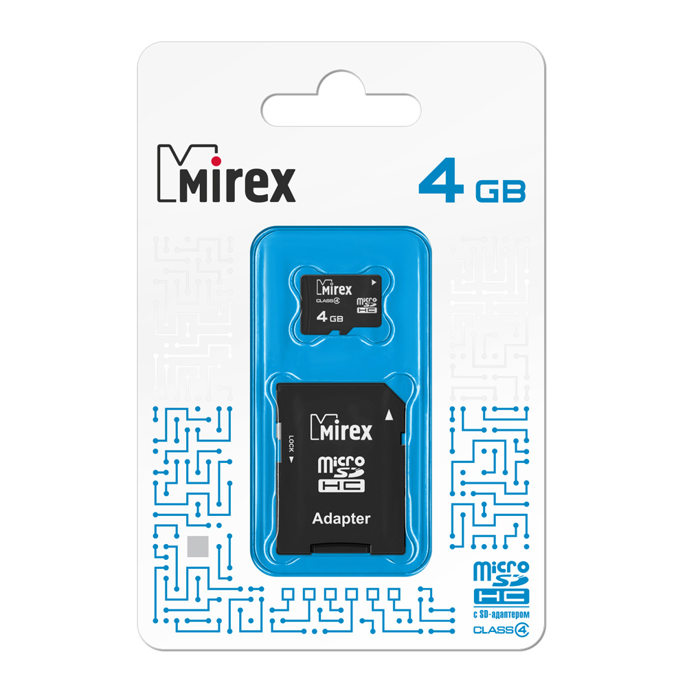 Карта памяти Mirex microSDHC 4GB Class 4 SD адаптер
Карта памяти Mirex microSDHC 4GB Class 4 SD адаптер