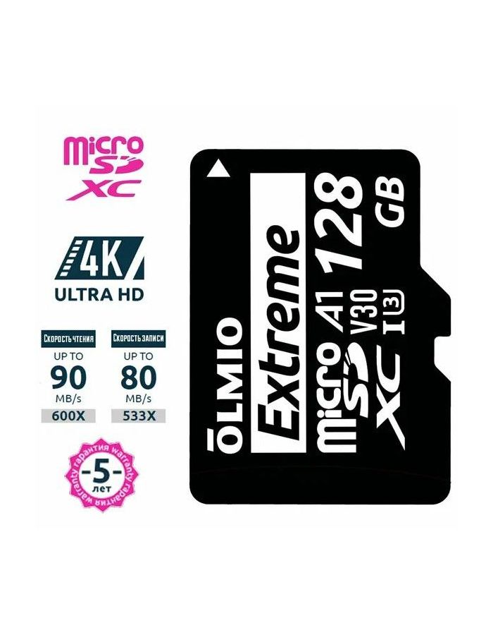 Карта памяти micro SDXC Olmio 128 Гб Extreme,UHS-I U3 V30 A1, c адаптером
Карта памяти micro SDXC Olmio 128 Гб Extreme,UHS-I U3 V30 A1, c адаптером