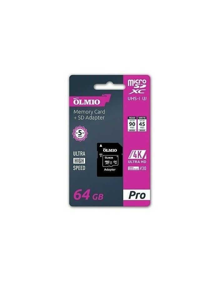 Карта памяти micro SDXC Olmio 64 Гб Extreme,UHS-I U3 V30 A1, c адаптером
Карта памяти micro SDXC Olmio 64 Гб Extreme,UHS-I U3 V30 A1, c адаптером